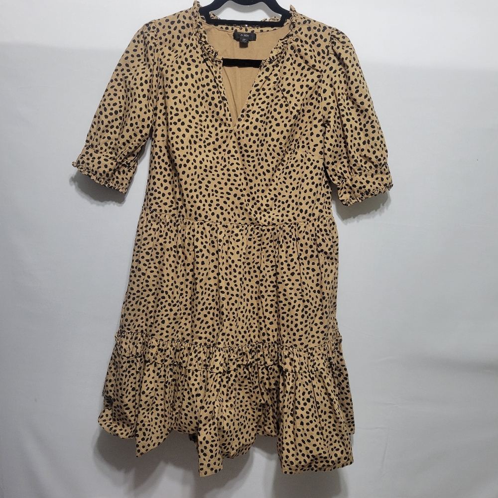 J. Crew Ruffle Tiered Leopard Dot Dress, Size XS Cotton Lined Tan Black Side Zip
